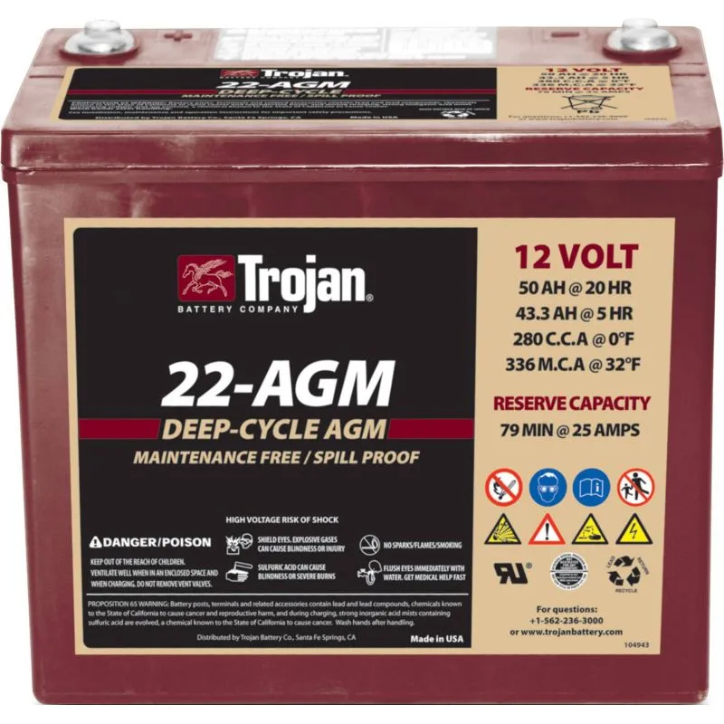 Batería de Plomo-Ácido AGM 12V 50Ah Trojan 22-AGM