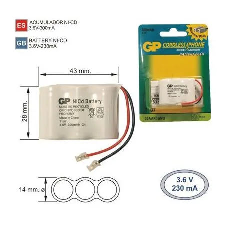 Batería Teléfono inalambrico T107 3.6V 300mAh